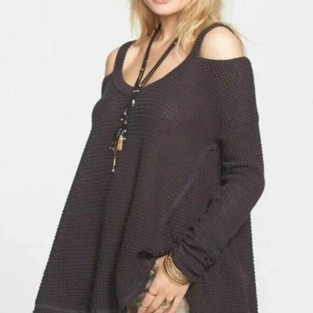 Free People Dark Charcoal Grey Moonshine Cold Shoulder Sweater